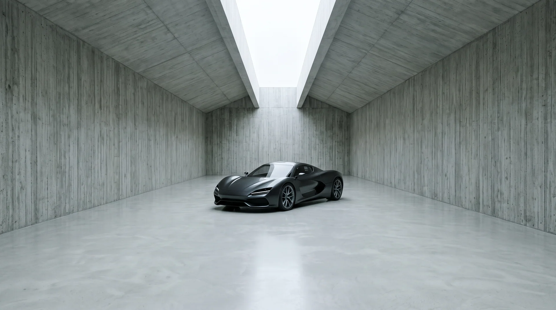 A single KALVORN alone in the concrete hall, lit from a slot in the ceiling